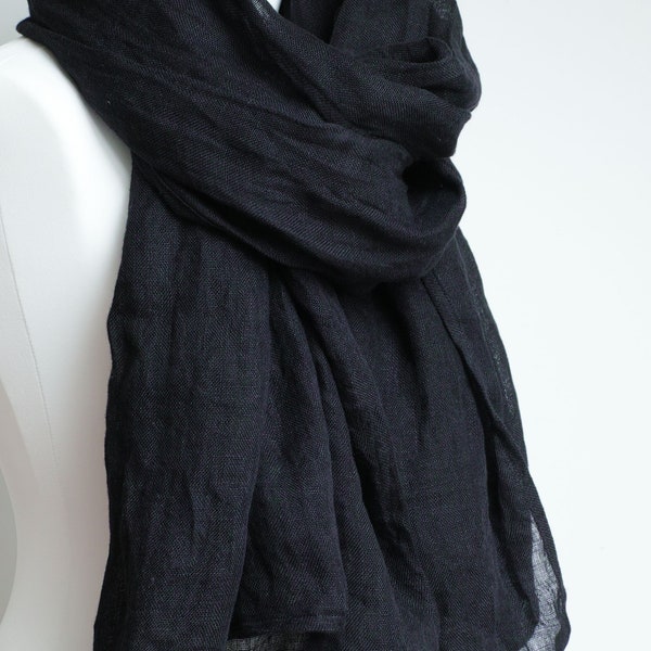BLACK linen scarf lightweight  linen scarf SHAWL wrap women, natural linen  eco  scarf fashion, linen accessories women