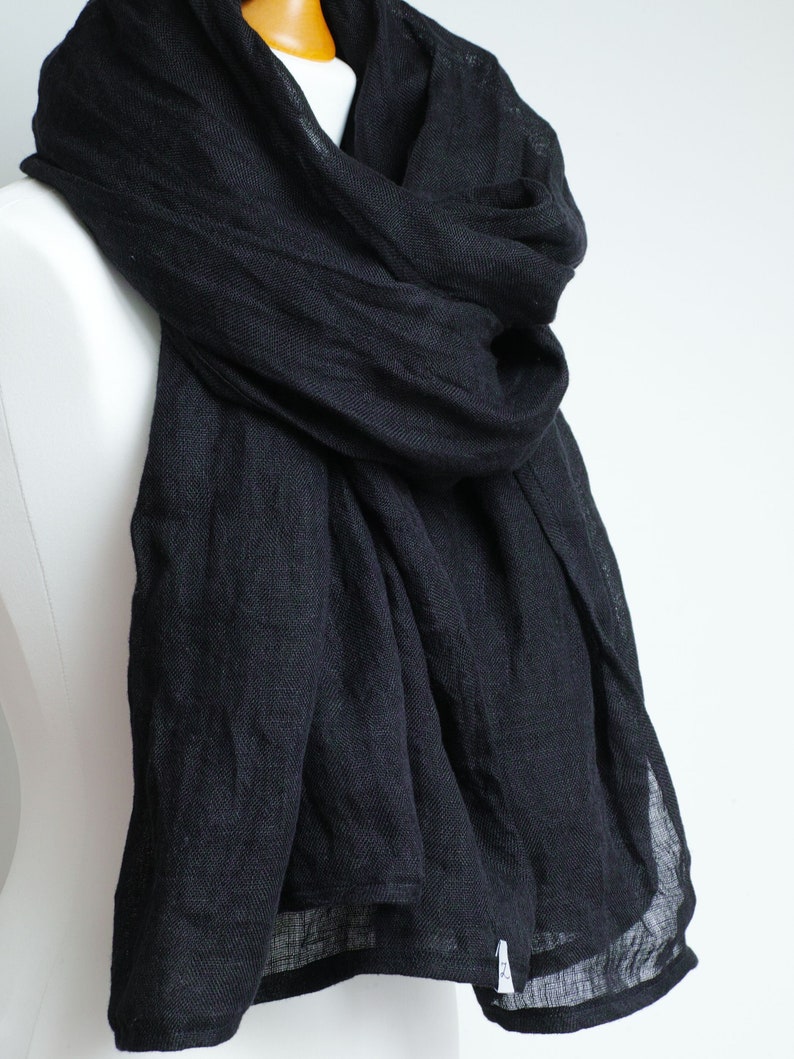 BLACK linen scarf lightweight linen scarf SHAWL wrap women, natural linen eco scarf fashion, linen accessories women image 9