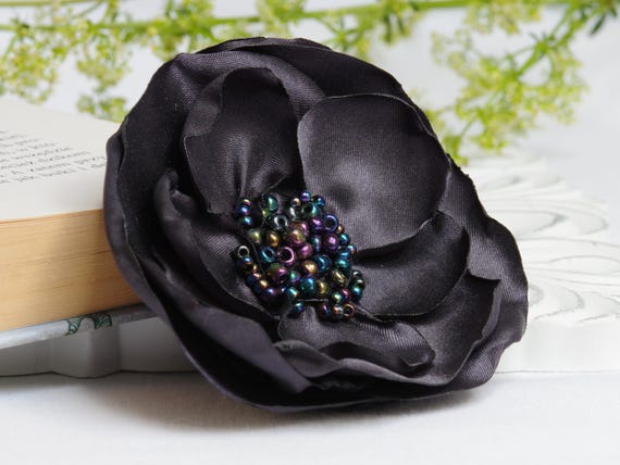 CHARCOAL fabric flower BROOCH Pin for dress, small gift ideas for her - flower Pin Organza Satin handmade, small accessories for coats, bags