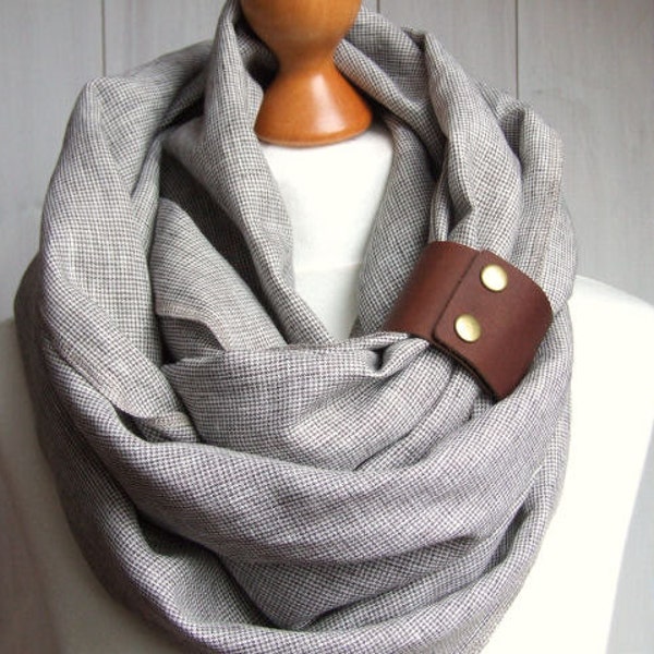 Chunky linen scarf with cuff, light taupe infinity linen leather cuff