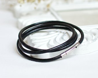 Minimalist Black Leather Cord Bracelet for women, Boho Stacking Style