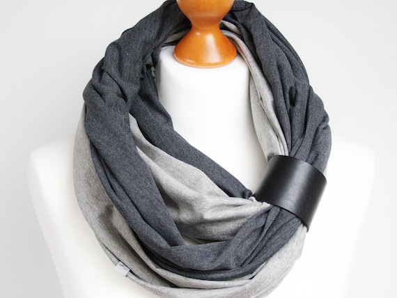 Infinity scarf with leather strap, infinity scarves by ZOJANKA, cotton mediumweight infinity scarf, all year scarves,  gift ideas for friend