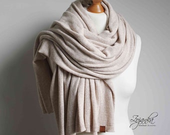 Large oversized WOOL SCARF wrap, light beige melange wool scarf for women, merino lightweight  wrap for  women, lightweight cashmere scarf