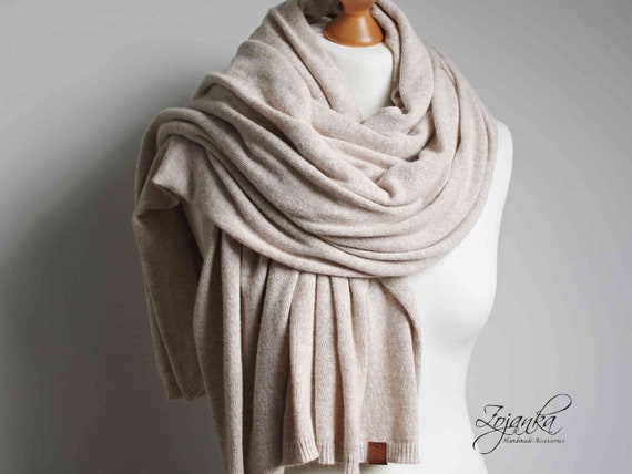 Large oversized WOOL SCARF wrap, light beige melange wool scarf for women, merino lightweight  wrap for  women, lightweight cashmere scarf