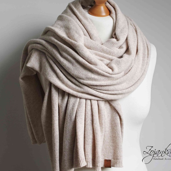 Grote oversized WOLLEN SJAAL wrap, lichtbeige gemêleerde wollen sjaal voor dames, merino lichtgewicht wrap voor dames, lichtgewicht kasjmier sjaal