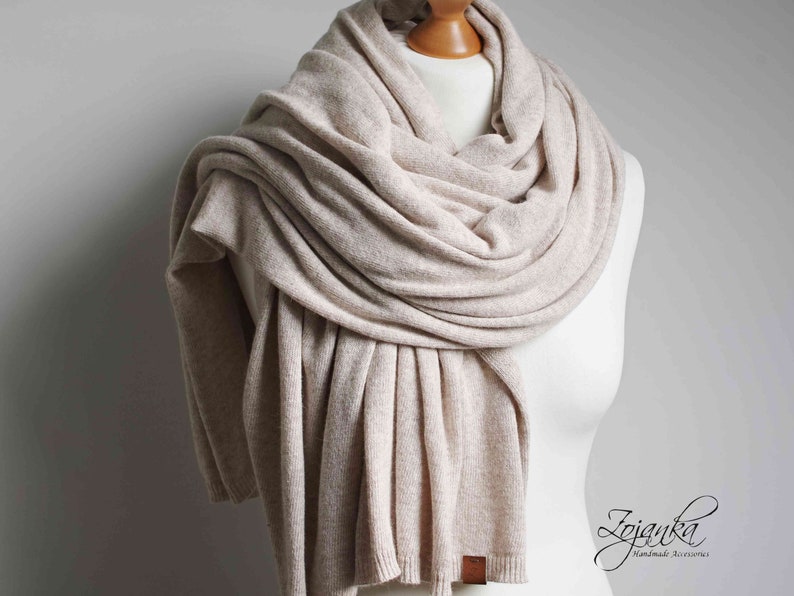 Large oversized WOOL SCARF wrap, light beige melange wool scarf for women, merino lightweight wrap for women, lightweight cashmere scarf image 1