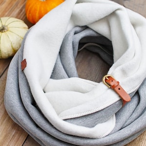 EXTRA CHUNKY Infinity Scarf with leather cuff, fashion infinity scarf, cozy SNOOD,hooded scarf, cotton jersey scarf, winter scarf