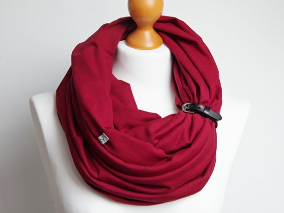 BURGUND Infinity scarf for women, lightweight cotton tube scarf with leather cuff, maroon infinity scarf, gift ideas Christmas