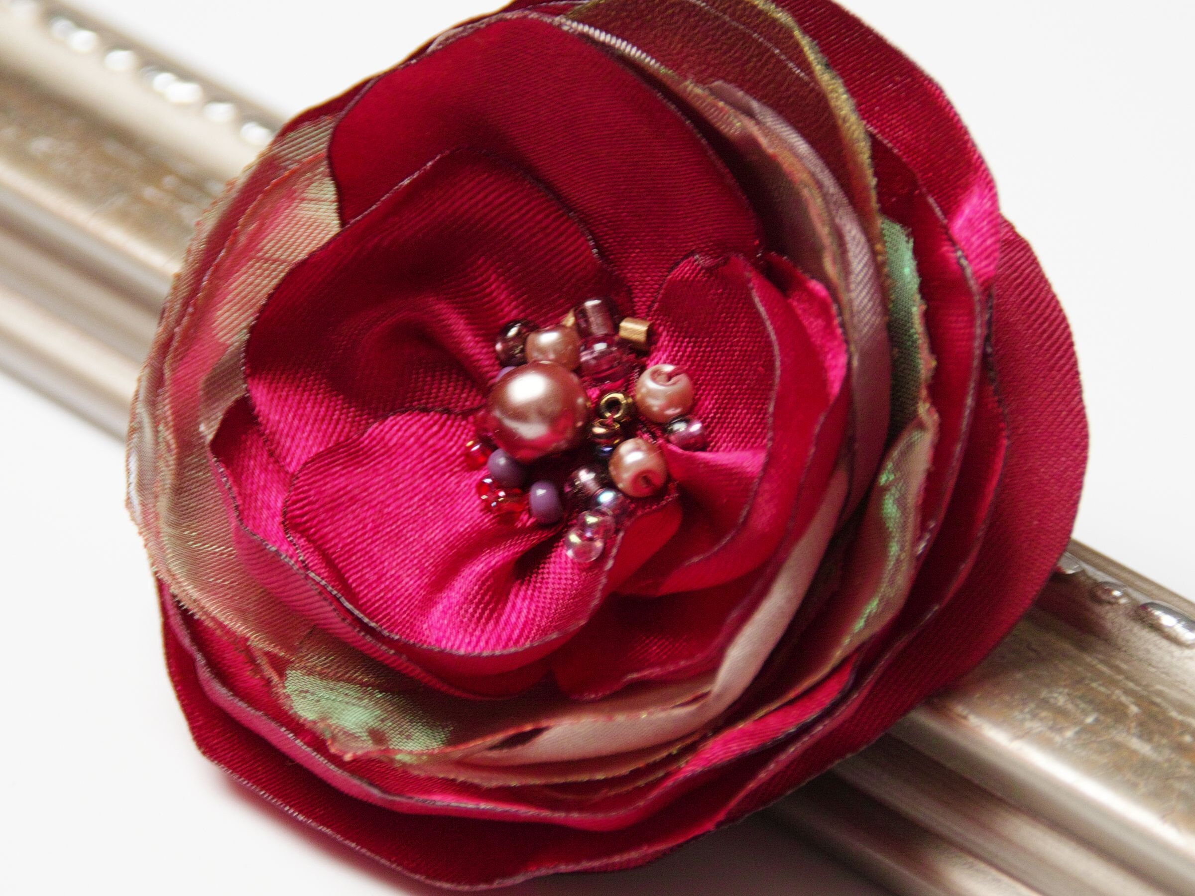 RED FLOWER brooch, Petal Flower Pin Organza Satin handmade fabric