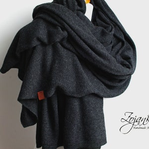 Large oversized WOOL SCARF wrap, dark gray anthracite wool scarf for women, merino lightweight  wrap for  women, lightweight cashmere scarf