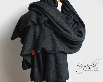 Grote oversized WOLLEN SJAAL wrap, donkergrijze antraciet wollen sjaal voor dames, merino lichtgewicht wrap voor dames, lichtgewicht kasjmier sjaal