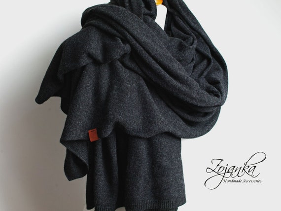 Large oversized WOOL SCARF wrap, dark gray anthracite wool scarf for women, merino lightweight  wrap for  women, lightweight cashmere scarf