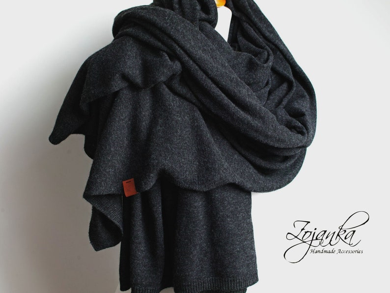 Large oversized WOOL SCARF wrap, dark gray anthracite wool scarf for women, merino lightweight wrap for women, lightweight cashmere scarf image 1