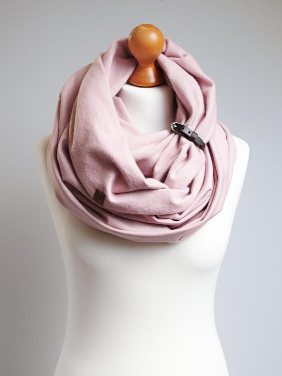 SOFT warm Infinity Scarf with leather strap, rose infinity scarf with strap, gift ideas for her, cotton  chunky scarf for winter