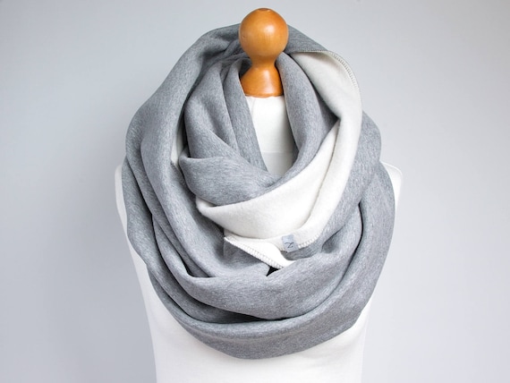 Chunky Knit Jersey Infinity Scarf: Gray & Off-White Hooded Snood