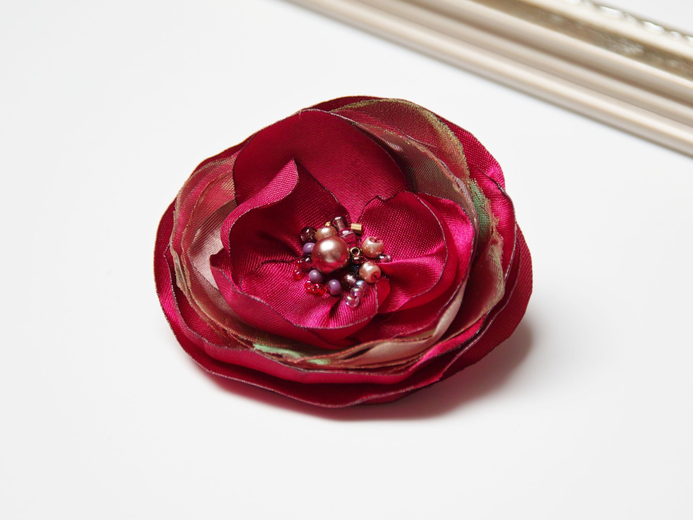 RED FLOWER brooch, Petal Flower Pin Organza Satin handmade fabric