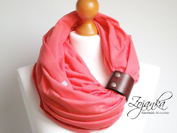 CORAL RED Infinity scarf for women, lightweight cotton tube scarf with leather cuff, coral infinity tube scarf, plain scarf with cuff