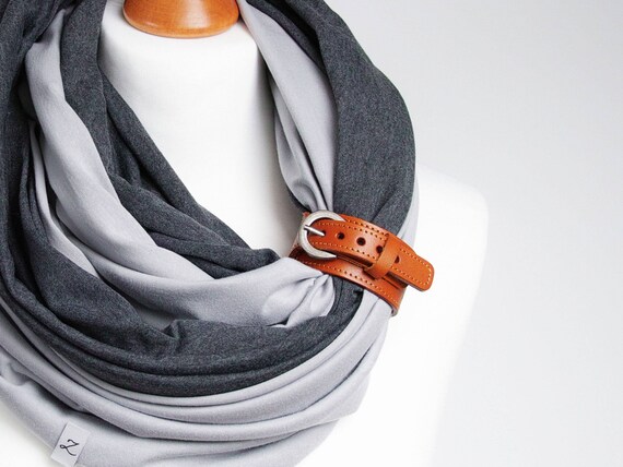 Infinity scarf with leather strap, infinity scarves by ZOJANKA, cotton lightweight infinity scarf, autumn scarves, casual scarf, gift ideas