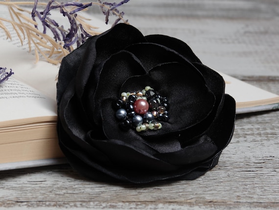 BLACK Flower Pin brooch Organza Satin handmade fabric floral brooch, women accessories, flower pin button, gift under 15, satin flower pin