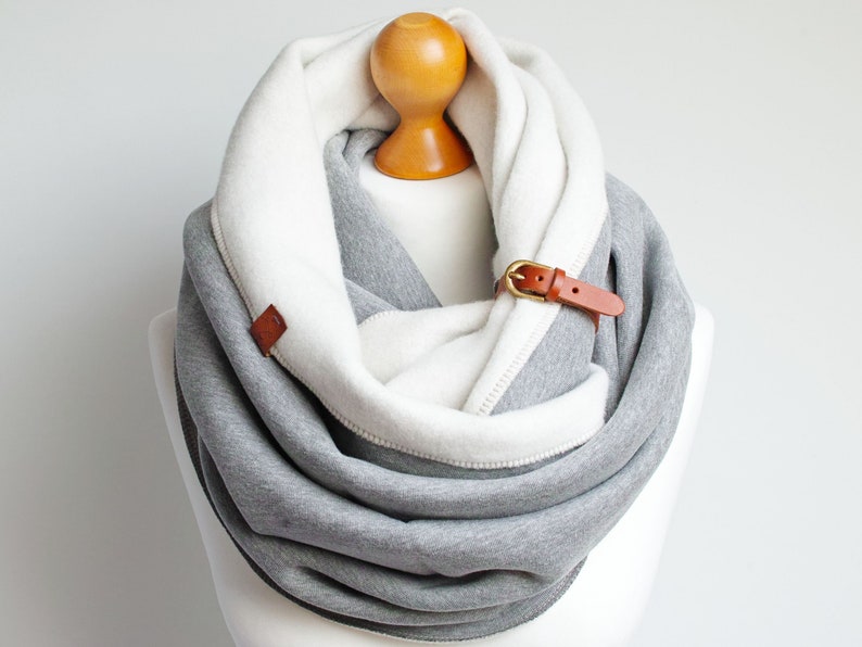 EXTRA CHUNKY Infinity Scarf with leather cuff, fashion infinity scarf, cozy SNOOD,hooded scarf, cotton jersey scarf, winter scarf image 3