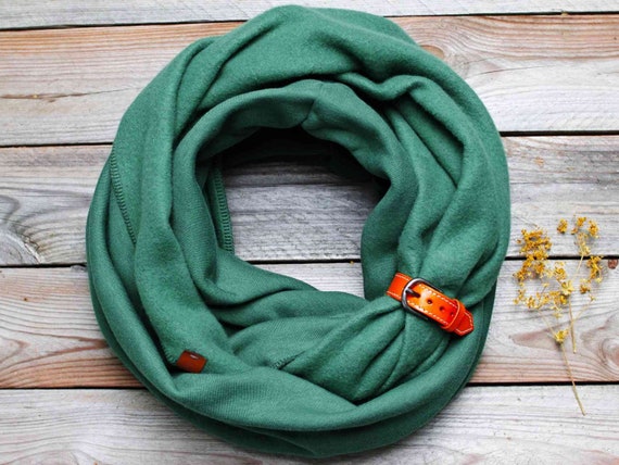 GREEN infinity scarf with leather cuff, fashion infinity scarf, cozy SNOOD, hooded scarf, gift ideas, gift for her, infinity scarf