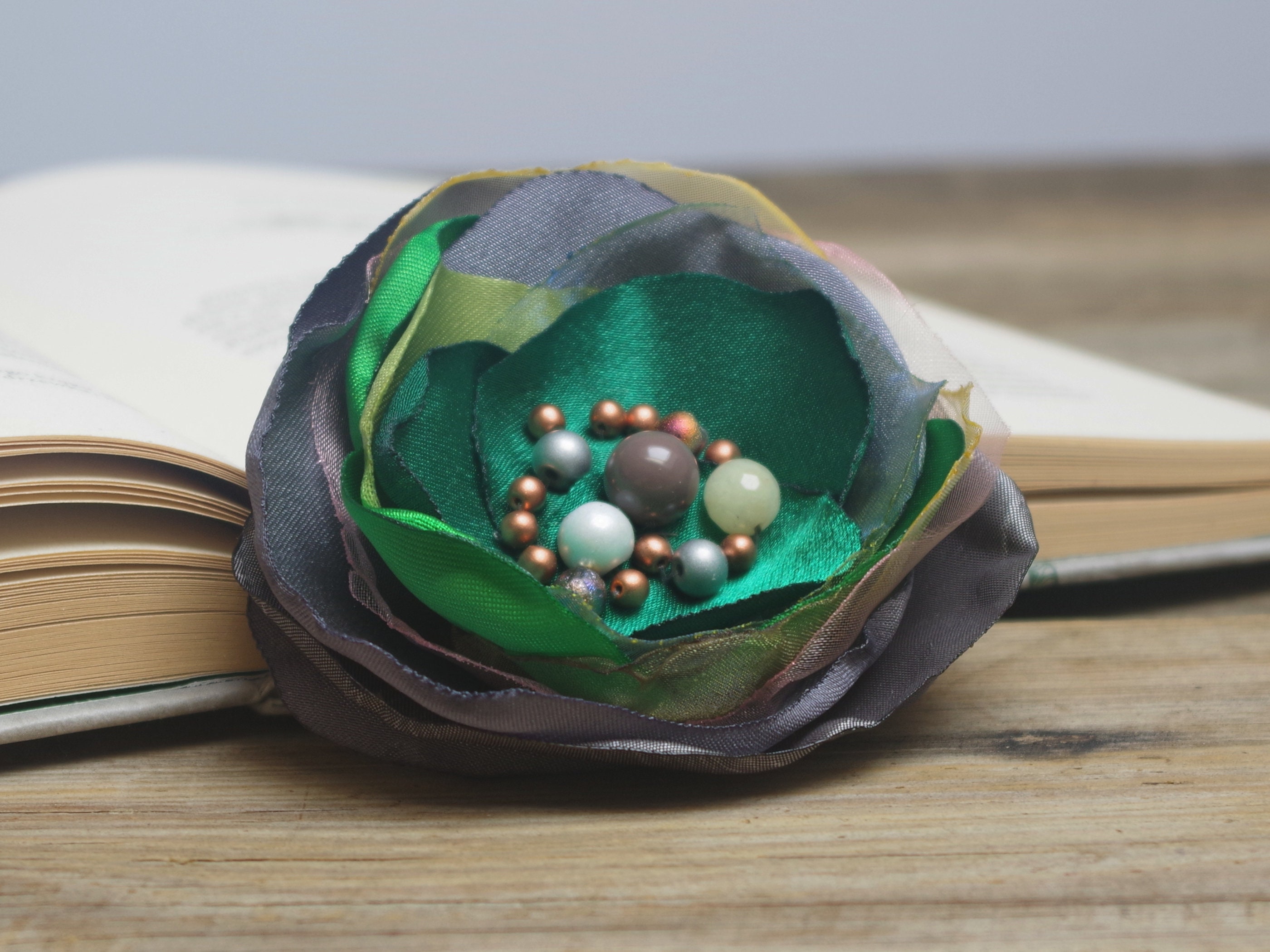 Handmade GREEN flower pin brooch for (dress), fabric floral brooch