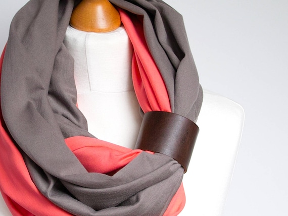 Infinity scarf with leather cuff, infinity scarves, lightweight scarf made of two scarves, beige and coral scarf with cuff, cotton scarf