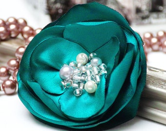 Floral Pin brooch for dress, organza satin handmade fabric flower brooch, textile brooch, emerald flower brooch, textile accessories