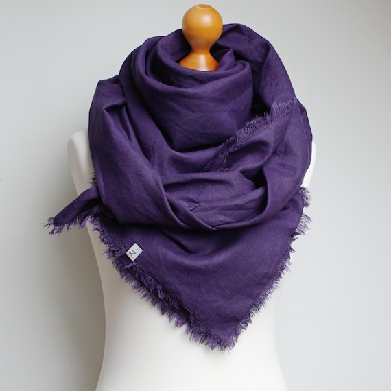 Oversized Square Linen Scarf | 100% Polish Linen Wrap, VIOLET, Frayed Edges