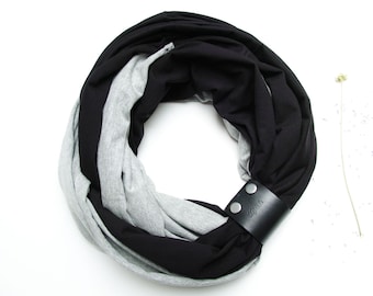 Black & Gray Infinity Scarf with Leather Cuff: Lightweight Cotton Jersey