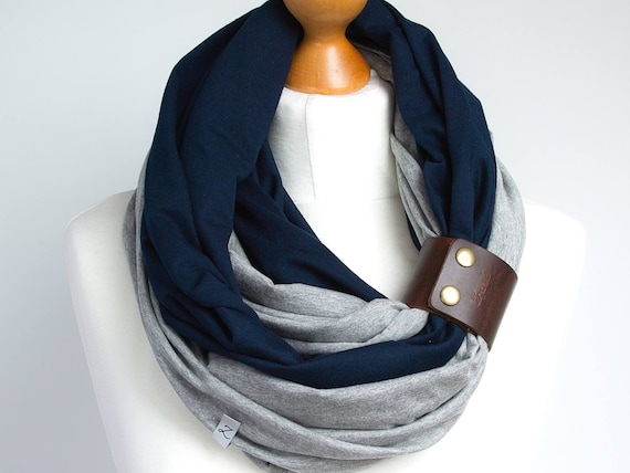 Infinity scarf with leather cuff, infinity scarves by ZOJANKA, cotton lightweight infinity scarf, spring scarves, casual scarf, gift ideas