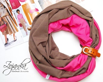 Cotton Infinity scarf with leather cuff for women, mediumweight infinity scarf, spring scarves