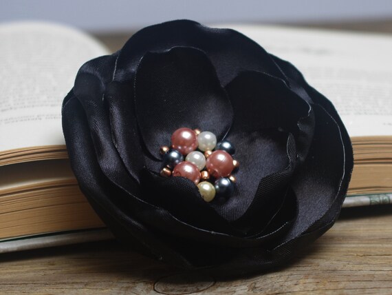 BLACK Flower Pin brooch Organza Satin handmade fabric floral brooch, women accessories, flower pin button, gift under 15, satin flower pin