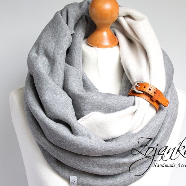 CHUNKY cotton infinity scarf with a leather strap, cotton snood for women, cosy oversized scarves