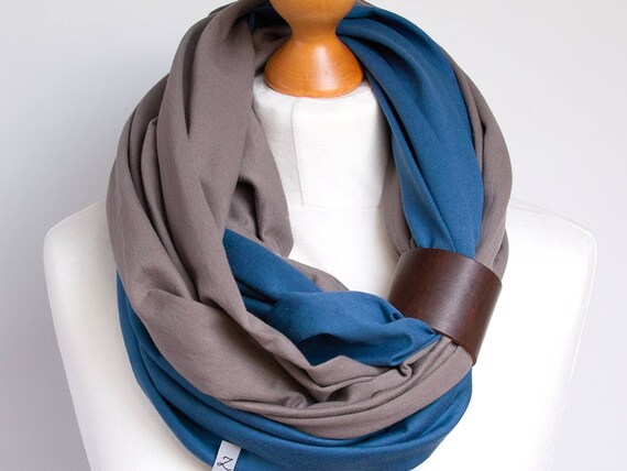 Scarf with leather cuff, infinity scarf, lightweight scarf made of two scarves, beige and blue scarf with cuff, cotton scarf, gift ideas