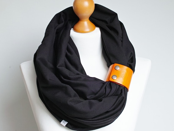 BLACK Cotton Infinity Scarf for Women Lightweight Cotton Tube Scarf With Leather Cuff for Spring Autumn Etsy UK