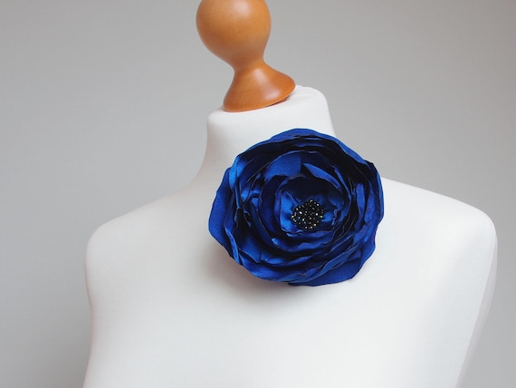 Royal Blue Silk Flower Brooch - large Fabric Flower Pin for Coat or Scarf - Handmade Floral Accessory