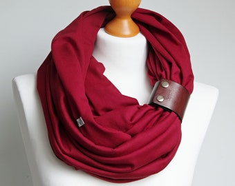 Burgundy Cotton Infinity Scarf with Leather Cuff, women scarves for fall