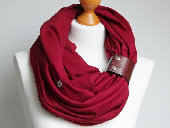 BURGUND Infinity scarf for women, lightweight cotton tube scarf with leather cuff, maroon infinity scarf, gift ideas for friend Christmas