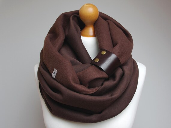 BROWN cotton jersey Chunky Infinity Scarf, Jersey Knit, Leather Cuff