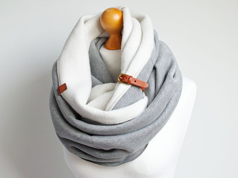 EXTRA CHUNKY Infinity Scarf with leather cuff, fashion infinity scarf, cozy SNOOD,hooded scarf, cotton jersey scarf, winter scarf image 5