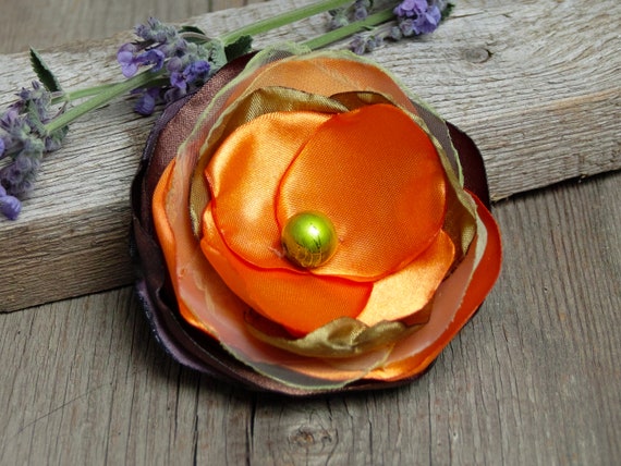 ORANGE Flower BROOCH Pin for dress, small gift ideas for her - flower Pin Organza Satin handmade, floral brooch corsage