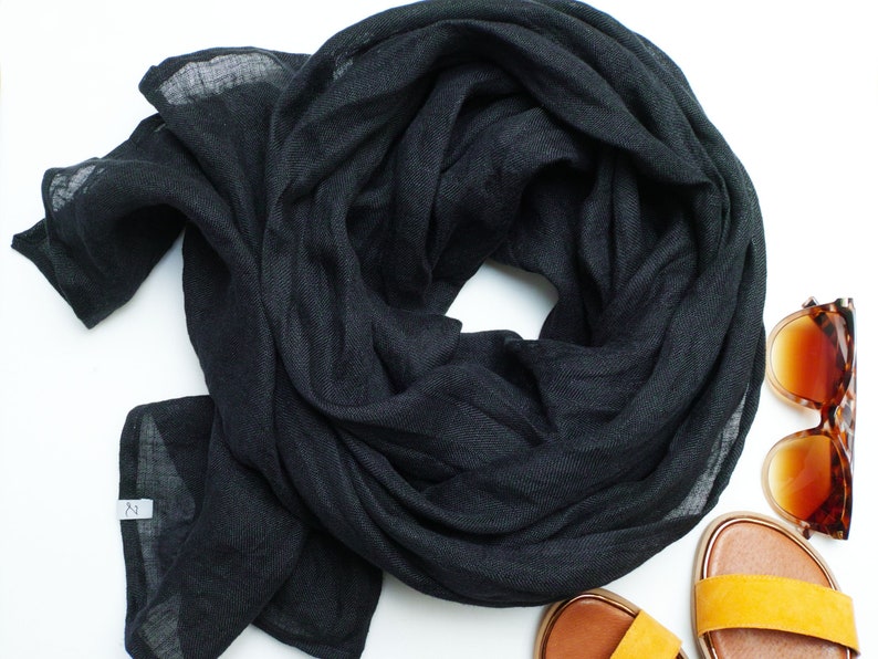 BLACK linen scarf lightweight linen scarf SHAWL wrap women, natural linen eco scarf fashion, linen accessories women image 6