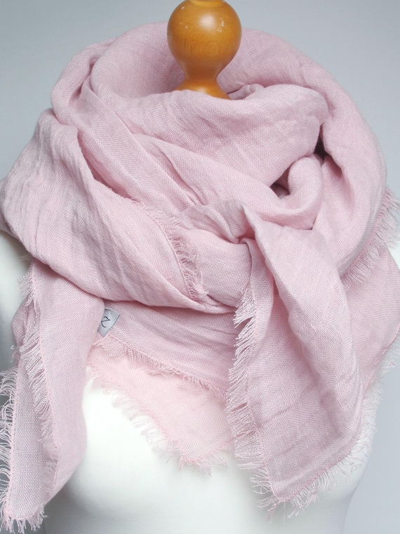 Large Linen Scarf: Light PINK Square Linen Shawl, Baltic Linen