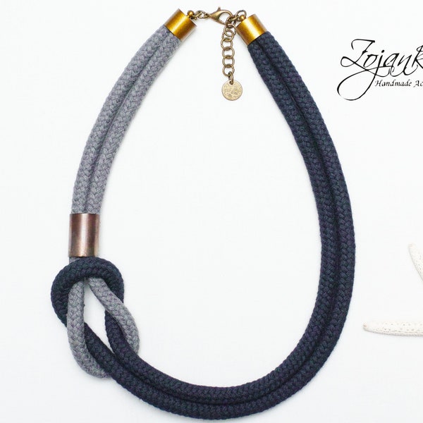 Navy & Gray Cotton Rope Necklace: Statement Textile Jewelry