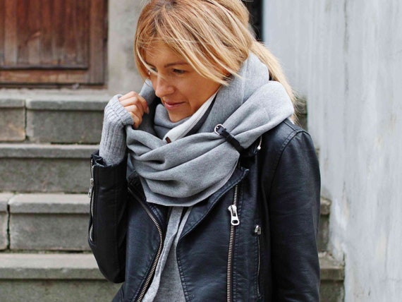 CHUNKY cotton SNOOD infinity scarf for winter - women infinity scarf with leather cuff, extra chunky snood - fashion sweatshirt jersey scarf