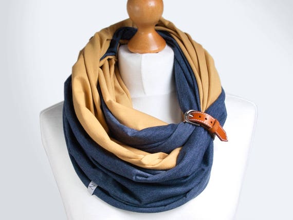 Infinity scarf with leather cuff, infinity scarves, lightweight scarf made of two scarves, honey yellow and jeans, scarf with cuff