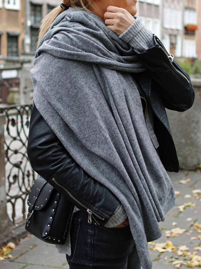 Large oversized WOOL SCARF wrap, dark gray anthracite wool scarf for women, merino lightweight wrap for women, lightweight cashmere scarf image 2