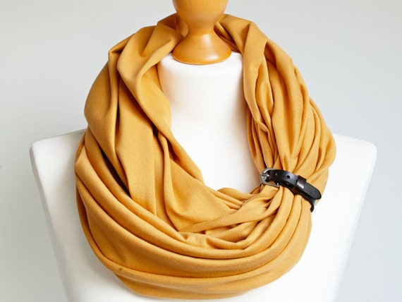 Cotton Infinity Scarf with leather cuff for women,  all season tube scarf with leather cuff,  fashion scarf, scarf with strap