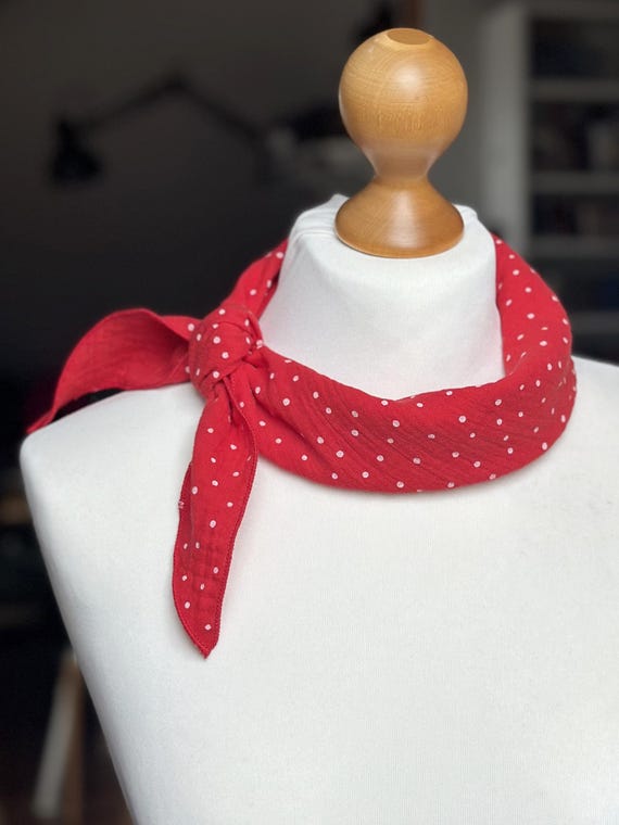 Cotton muslin neck scarf bandana  cotton bandana triangle scarf  - soft neck scarf - soft bandana scarf for women, RED polka dots bandana